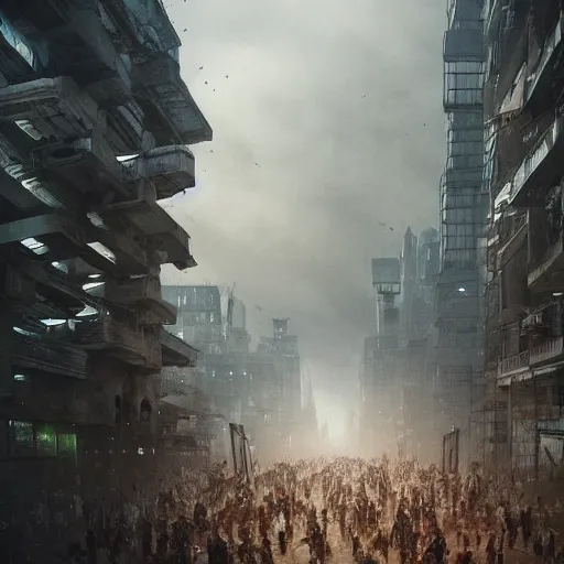 Image similar to hordes of drone-like people aimlessly walking around a depressing dystopian cityscape , trending on artststion, hyper realistic, surreal, melancholic, 8k, upscaled