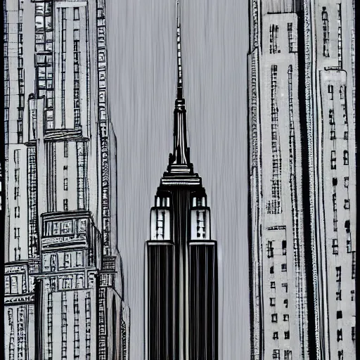 Image similar to Empire state building redesigned by H R Giger, complex, highly detailed, unique, new design