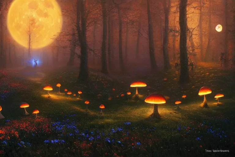 Prompt: moon night; Landscape of giant glowing mushrooms mushrooms, glowing blue By Greg Rutkowski, Thomas Kinkade max Parrish Foggy, fantasy 8k, mystical