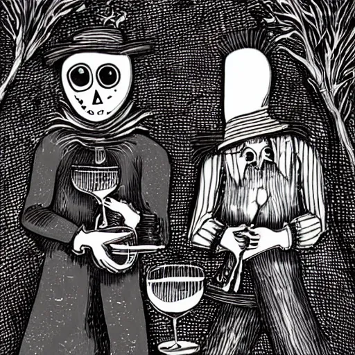 Prompt: a scarecrow and a ghost are drinking red wine in a fancy restaurant. folk horror art style