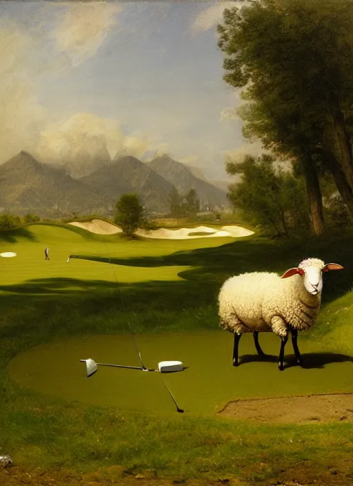 Prompt: a sheep swinging a golf club, sharp focus, matte painting, by isaac levitan and asher brown durand,