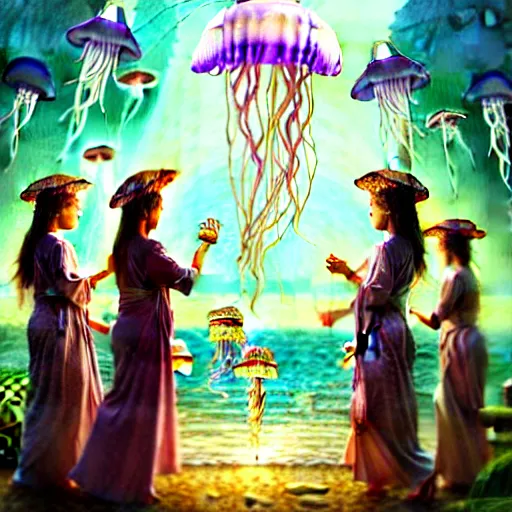 Image similar to A painting of priestesses worshipping at the jellyfish temple, shrouded in mist, jellyfish god, jellyfish priestess, jellyfish shrine maiden, 8K, illustration, art by Lilia Alvarado, Sophie Anderson, Mark Arian, Bob Byerley, Charlie Bowater, Mark Brooks, Steve Henderson, Justin Gerard, Arthur Hughes, Edward Robert Hughes, Mark Keathley, Victor Nizovtsev, Carlos Shwabe, Ross Tran, WLOP, smoke, undersea temple with fish, cinematic, insanely detailed and intricate, hypermaximalist, elegant, super detailed, award-winning, magenta and crimson and cyan, rainbow accents, iridescence, bioluminescence, mysterious, ancient, ritual, trending in cgsociety, artstation HQ, ornate, elite, haunting, matte painting, beautiful detailed, insanely intricate details, dreamy and ethereal, otherworldly