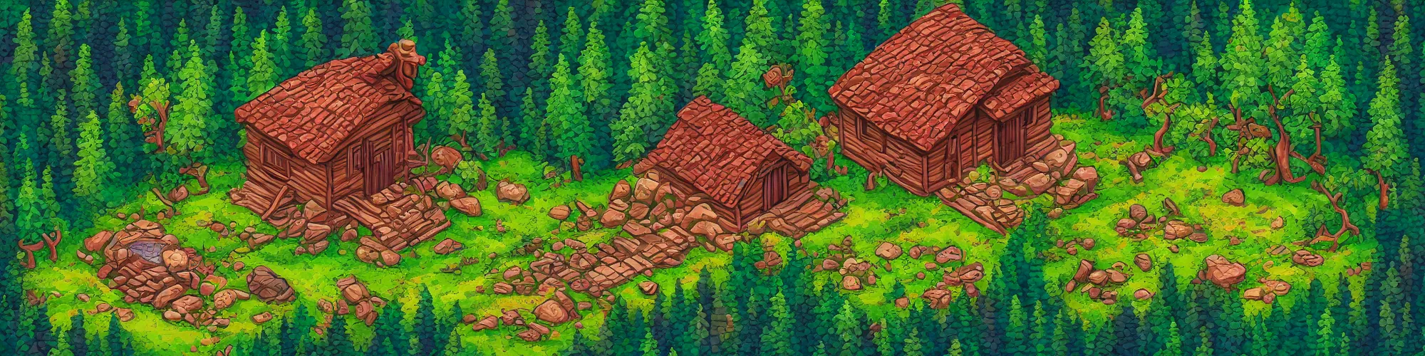 Image similar to isometric painting of ancient forest with mystical cozy cabin highlighted by sun