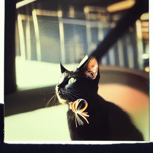 Image similar to black cat in a rollercoaster. the cat looks happy. sunny lighting. polaroid. technicolor.