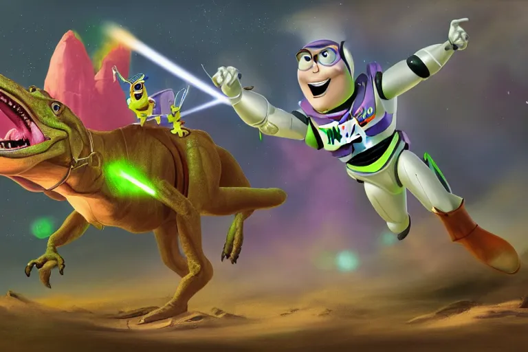 Image similar to buzz lightyear, riding a velociraptor who is shooting a laser of rabbits out of its mouth, painting, cinematic, concept art