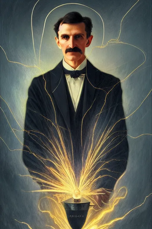 Prompt: a portrait of Nikola Tesla with a background of sparks and electricity, bright lighting, fog, volumetric lighting, intricate, elegant, highly detailed, digital painting, artstation, concept art, smooth, sharp focus, art nouveau, art by artgerm and raymond swanland and alphonse mucha