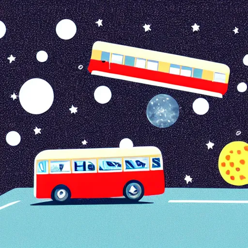 Image similar to a bus driving in outer space with money flying out of the bus windows. illustrated, high resolution