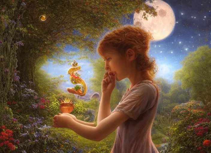 Image similar to 3D artist staring into the camera sculpting a teapot, fireflies, full moon, Lilia Alvarado, Sophie Anderson, Mark Arian, Bob Byerley, Charlie Bowater, Mark Brooks, Steve Henderson, Justin Gerard, Arthur Hughes, Edward Robert Hughes, Mark Keathley, Victor Nizovtsev, Carlos Shwabe, Ross Tran, WLOP