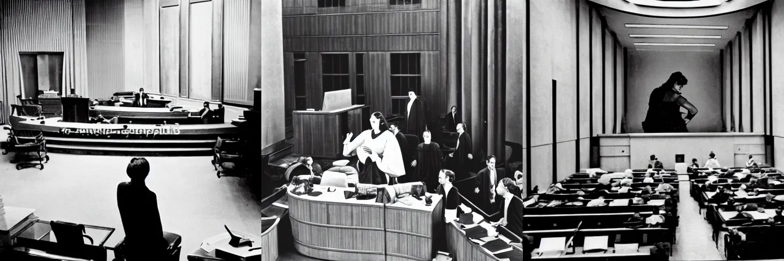 Prompt: still of the trial by orson welles starring ava gardner as the accused in the center of a large courtroom, in the style of a novel by marquis of sade. award winning photography, 5 0 mm, studio lighting.