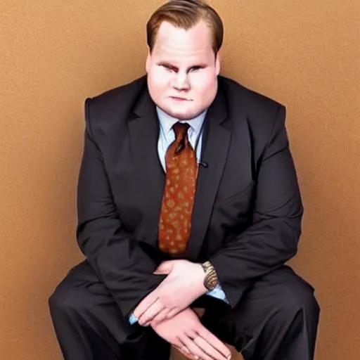 Prompt: Andy Richter wearing a brown suit and necktie on his knees with a pleading look on his face.