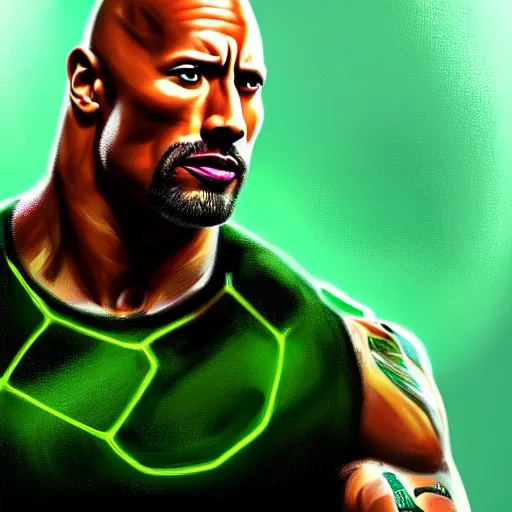 Image similar to portrait of dwayne johnson, long curly green hair, expressive pose, futuristic, highly detailed, digital painting, artstation, concept art, smooth, sharp focus, by quentin tarantino