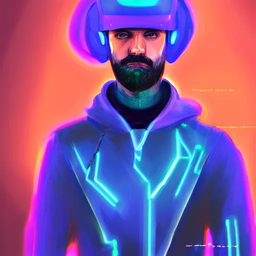 Image similar to a portrait of an ultradetailed futuristic male cyberpunk wearing a hoodie on his head, bearded, deep blue eyes, by dylan kowalski, 8 k, purple neon colours, digital painting, trending on artstation