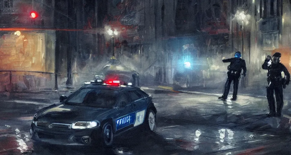 Image similar to as a painting, man getting arrested by police, police car in background with bright police sirens, lens glare, dramatic lighting, cinematic, establishing shot, extremely high detail, photo - realistic, cinematic lighting