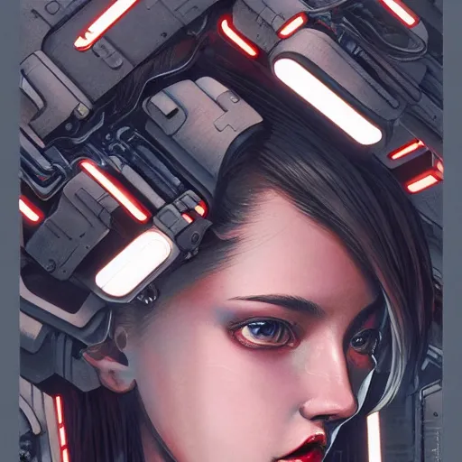 Image similar to A cyborg girl with big and cute eyes, fine-face, realistic shaded perfect face, fine details. red, black and white robotic parts. realistic shaded lighting poster by Ilya Kuvshinov katsuhiro otomo ghost-in-the-shell, magali villeneuve, artgerm, Jeremy Lipkin and Michael Garmash, Rob Rey and Kentarõ Miura style, trending on art station