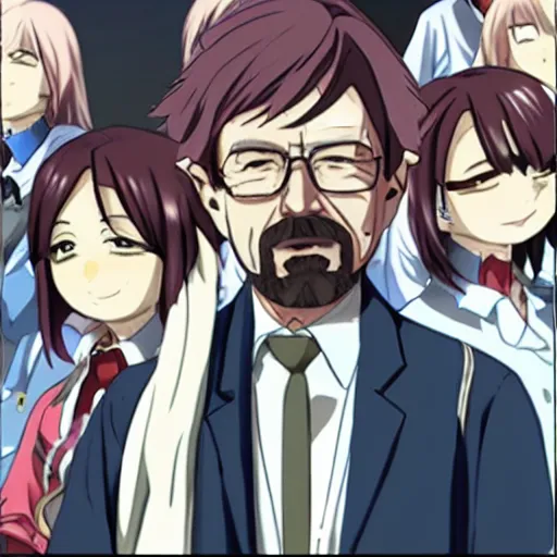 Prompt: walter white in an anime visual novel