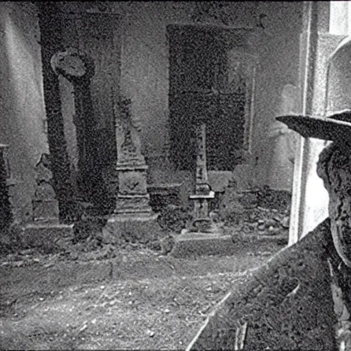 Image similar to cctv security cam grainy black and white footage of baron samedi in an spooky graveyard. baron samedi is looking at the camera.