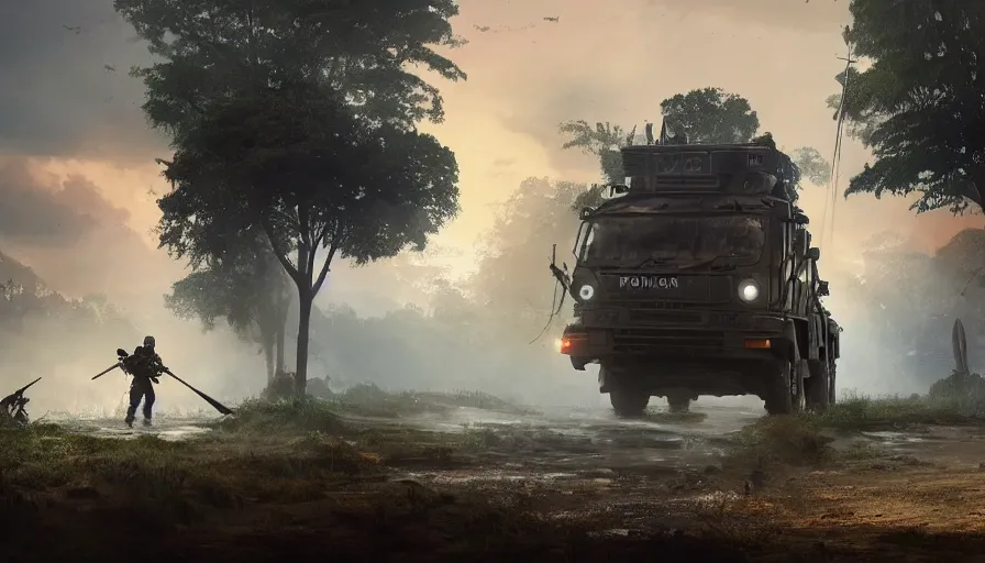 Image similar to a militarized police vehicle riding through a kerala village, troops searching the area, furious action scene, an epic fantasy, dramatic lighting, cinematic, establishing shot, extremely high detail, photorealistic, cinematic lighting, artstation, matte painting, octane render, by simon stalenhag, shadow of the tomb raider