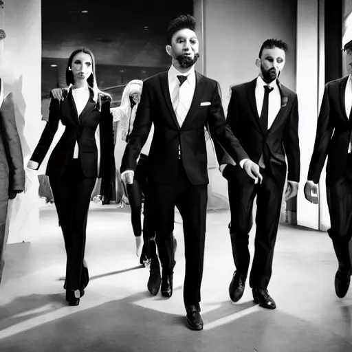 Image similar to cinematic shot of a group of anthropomorphic cute puppies wearing suits walking into a nightclub surrounded by beautiful women and bodyguards, 8k, dslr, suave,