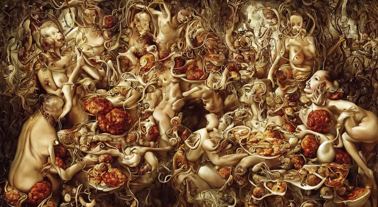 Prompt: illustration, bizarre compositions, blend of perfect woman bodies, spaghetti bolognesa, meatballs by dali, el bosco, exquisite detail