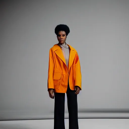 Prompt: realistic photoshooting for a new balenciaga lookbook color film photography portrait of a beautiful woman model wearing a workwear jacket, photo in style of tyler mitchell