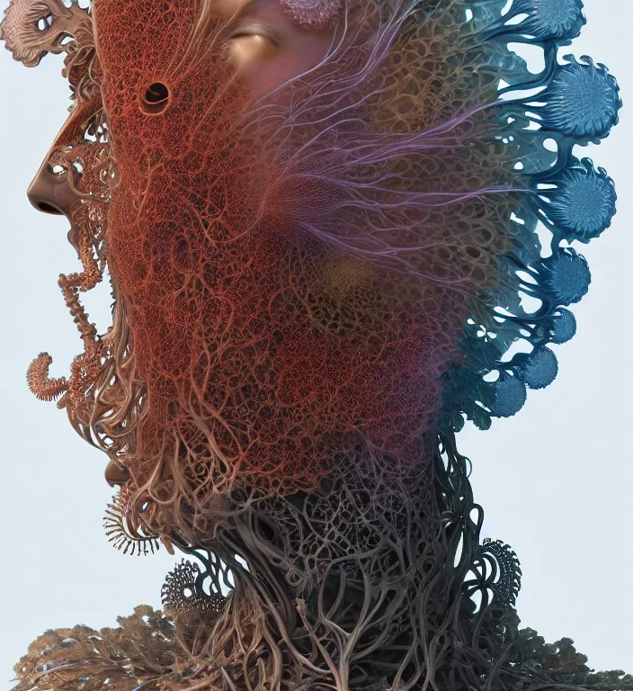 Image similar to portrait intricate mask, eagle coral, jelly fish, mandelbulb 3 d, fractal flame, octane render, cyborg, biomechanical, futuristic, by ernst haeckel