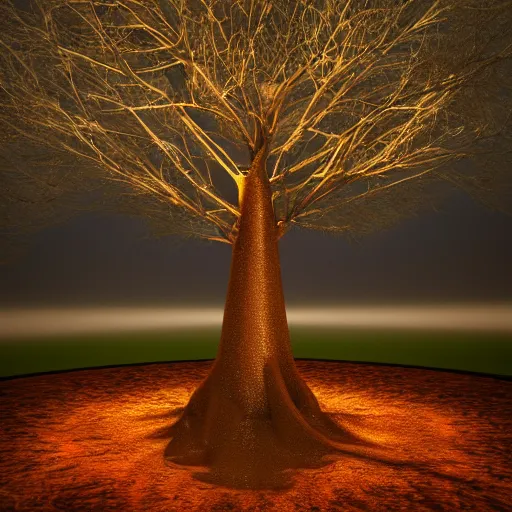 Image similar to a beautiful tree, religious delusion communities and cults the next few minutes, four light that had been released sculpture, structure, ray trace 4 k