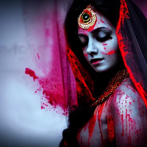 Image similar to beautiful Hindu lady of the dark with veil, in darkness, cover with a lot of red water, horror terrifying, surreal realistic, photorealistic, hyper details, full HD, 8k!