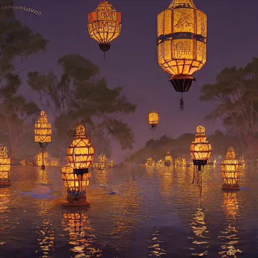 Prompt: concept art, river lanterns on the eve of ullambana festival, high resolution, by james gurney, king sejong, yi jeong, yi jing, artstation