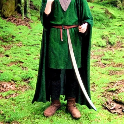 Image similar to peregrin took from the anime lord of the rings (1986), dark hair, green cape, hobbit, in the forest, studio ghibli, very detailed, realistic