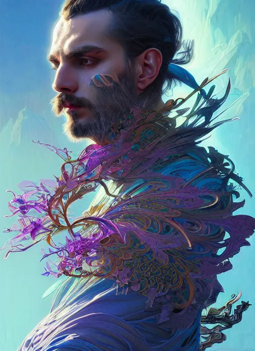 Prompt: hyper detailed ultra sharp of a wise slavic druid trance man. trending on artstation, warpaint aesthetic, earthwave, colorful, psychedelic, ornate, intricate, digital painting, concept art, smooth, sharp focus, illustration, art by artgerm and greg rutkowski and alphonse mucha, 8 k