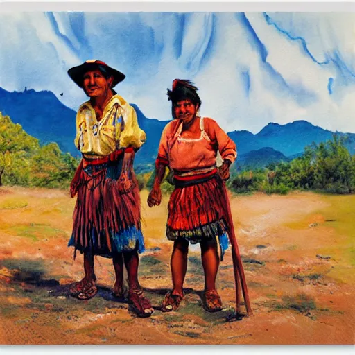 Prompt: Splash painting of Tarahumara man and woman from the highlands of northern Mexico