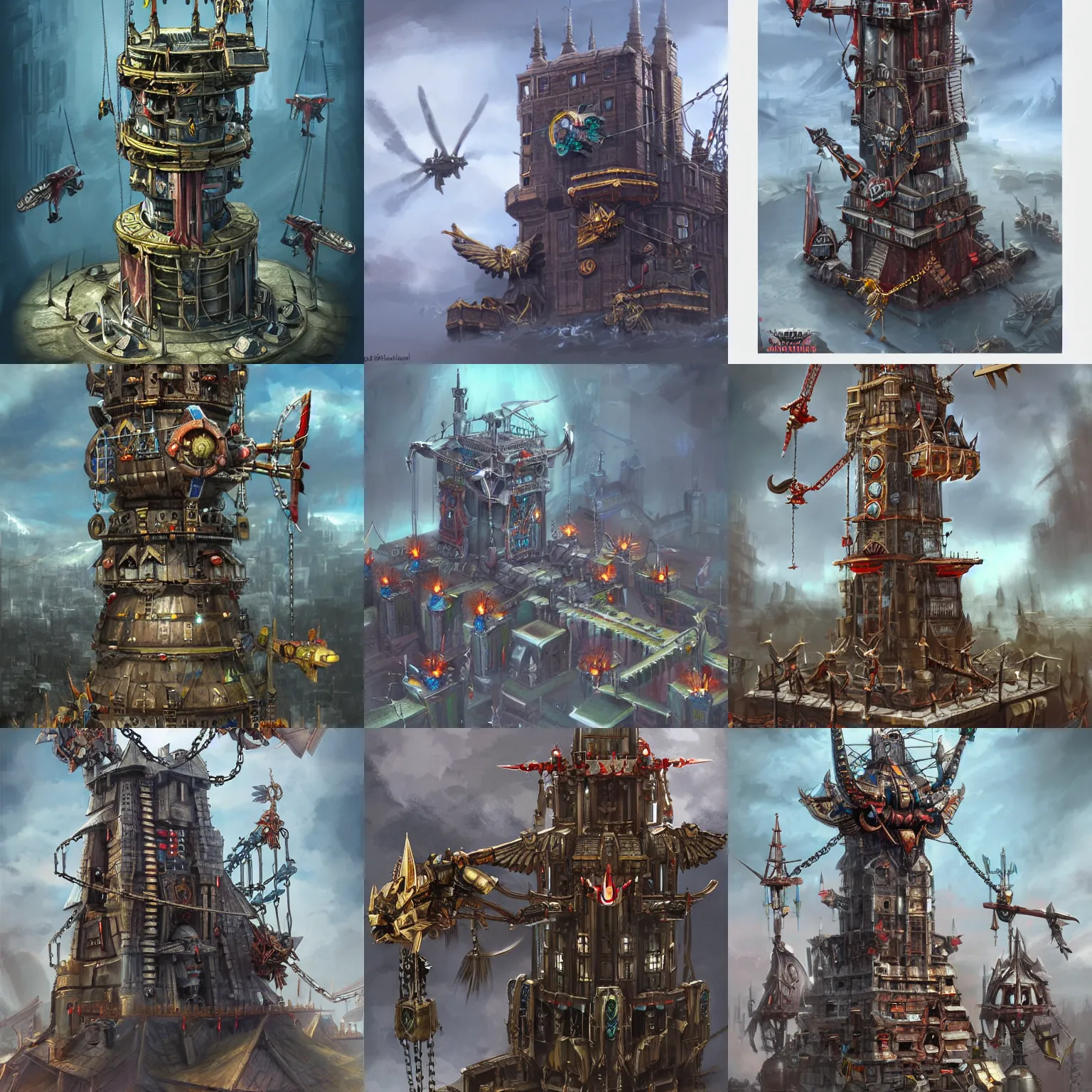 Prompt: warhammer tower with propellers, cranes, chains, highly detailed, digital painting, artstation, concept art