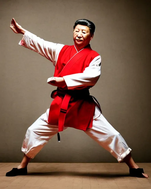 Image similar to Xi Jinping practicing karate at the Shaolin temple, photorealistic, studio lighting, photographed in the style of Annie Leibovitz