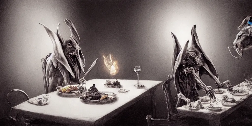 Image similar to An evil detailed white rabbit eating human bodyparts with a knife and fork sitting on a chair at the dinner table, by John Howe, Artstation, Dark, human body on a spit in the background, scary, spooky