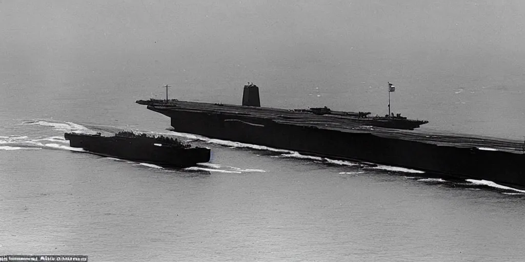 Prompt: a black monolith floats in the sky above an aircraft carrier 1 9 5 0, archive photo