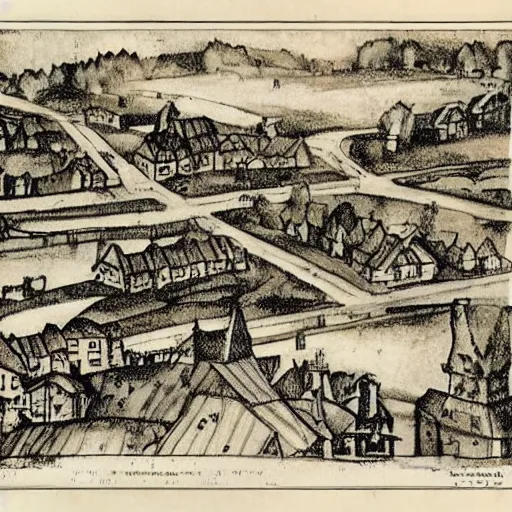 Prompt: lithography of a 1920s map of a small village with houses, a pond and a church, beautifully drawn, detailed, slightly spooky atmosphere, by Tolkien,