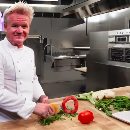 Image similar to hyper real Gordon Ramsey cooking a unicorn in kitchen 4k