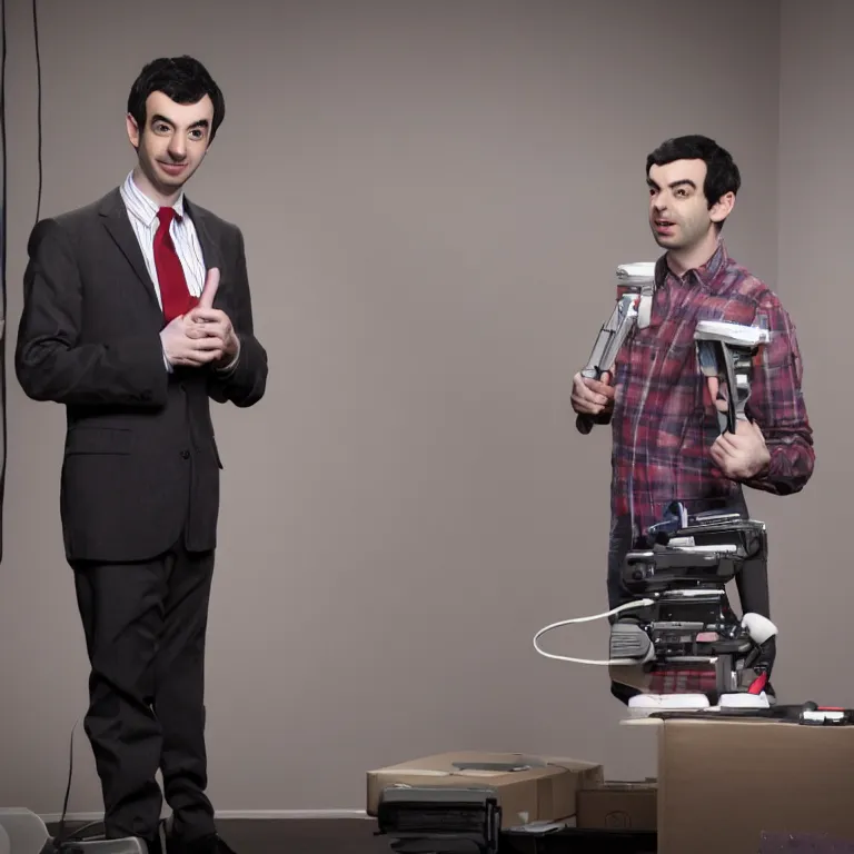 Prompt: focused dslr photograph of nathan fielder from nathan for you on comedy central controlling a puppet version of himself filmed by a tv crew on a stage with a red curtain, meta, fractal, trippy, high detail!!! 8 k, photorealism, sharp focus, volumetric lighting, coherent!!! art directed, rule of thirds, face