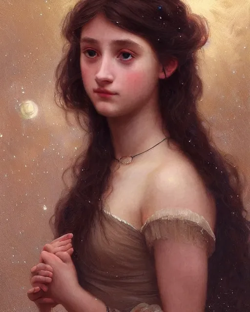 Image similar to a portrait painting of a shy, blushing 1 6 - year old princess resembling alicia vikander at night with a sky full of stars, intricate, elegant, highly detailed, artstation, concept art, by krenz cushart and artem demura and william adolph bouguereau and alphonse mucha