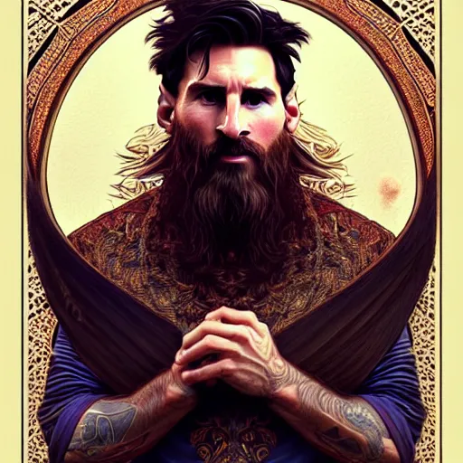 Image similar to Lionel Messi with a majestic beard, closeup, D&D, fantasy, intricate, elegant, highly detailed, digital painting, artstation, concept art, matte, sharp focus, illustration, art by Artgerm and Greg Rutkowski and Alphonse Mucha