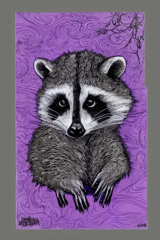 Image similar to purple stelar raccoon in the style of Rebecca Guay, high resolution 4k