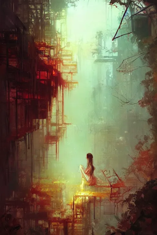 Image similar to (((((a ramshackle Manhattan brick brownstone deep in the forest))))) by Wenjun Lin!!!!!!!!!!!!!!!!!!!!!!!!!!!