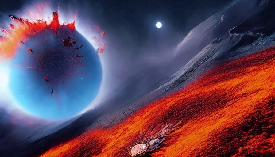 Prompt: an imax view of an exploding volcano on a beautiful exoplanet, art by james paick and roger dean and federico pelat and markus vogt, hyperrealism, science fiction, cinematic lighting