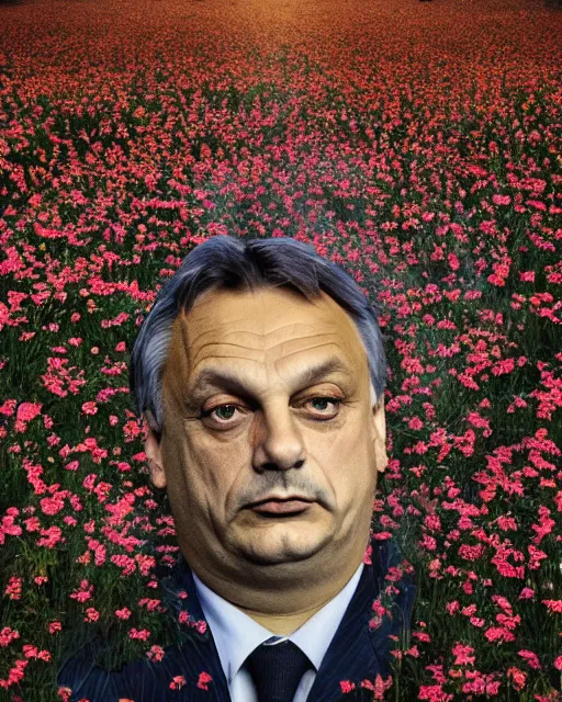 Image similar to viktor orban's face, made of wildflowers, in the style of the dutch masters and gregory crewdson, dark and moody