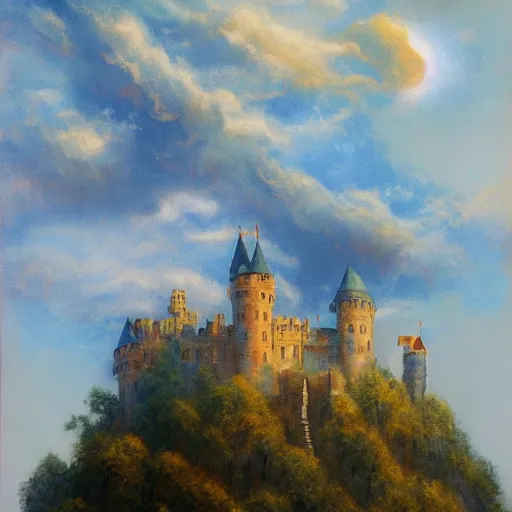 Prompt: Castle in the clouds, celestial light, divine, in the style of Wylie Beckert