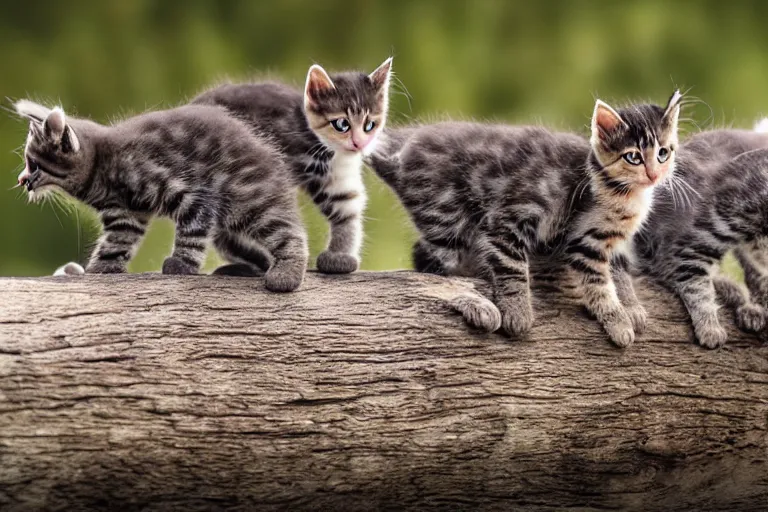 Prompt: kittens walking on a log that crosses a river