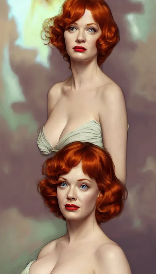 Image similar to Angel, perfectly-centered-painting of young Christina Hendricks in Mad Men looking at the camera, hands behind her back, sweaty, dynamic action pose, insane, intricate, highly detailed, digital painting, artstation, concept art, smooth, sharp focus, illustration, Unreal Engine 5, 8K, art by artgerm and greg rutkowski and alphonse mucha