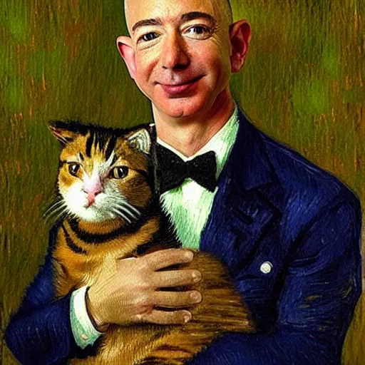 Image similar to a beautiful oil painting of jeff bezos holding a cat, 8k , award winning , made in 1800's , old , painted by vincent van gogh