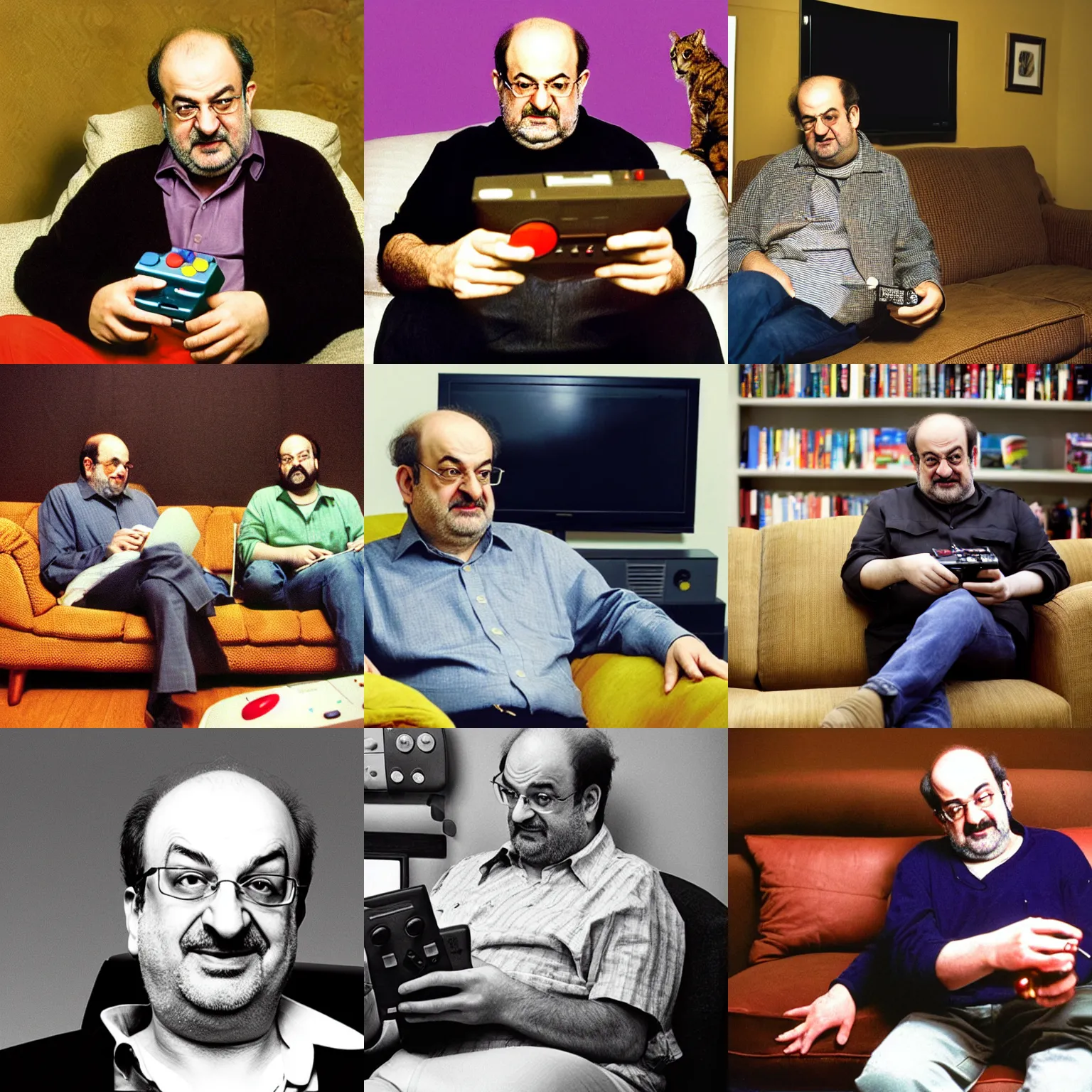 Prompt: a photograph of salman rushdie sitting on a couch, looking at a television, playing super mario world on snes