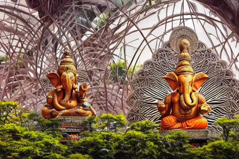 Image similar to beautiful futuristic new delhi, sharp biophilic ganesha!! building, kalighat flowers, highly detailed, stephen shore & john j. park, cinematic morning light, wide shot, ground angle, uhd 8 k, sharp focus